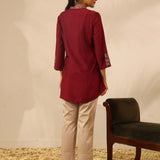 Maroon Collared Tunic with Intricate Embroidery and Bell Sleeves