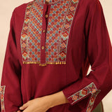 Maroon Collared Tunic with Intricate Embroidery and Bell Sleeves