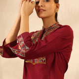 Maroon Collared Tunic with Intricate Embroidery and Bell Sleeves