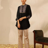 Black Collared Tunic with Intricate Embroidery and Bell Sleeves