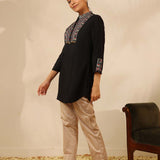 Black Collared Tunic with Intricate Embroidery and Bell Sleeves