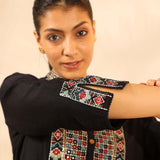 Black Collared Tunic with Intricate Embroidery and Bell Sleeves