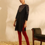 Black Knee-length Embroidered Kurta