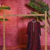 Front view of a hanging Taara Maroon Printed Viscose Silk Indo-Western Dress