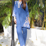 Aira Indigo Embroidered Cotton Linen Co-ord Set for Women