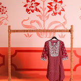 Close-up view of Kyra Cherry Red Printed Cotton Designer Kurta