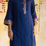 Blue Solid Kurta Set With Embroidery