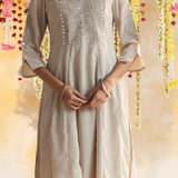 Pink-Beige Kurta Set With Chain Stitch Embroidery