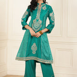 Teal Green Embroidered Chanderi Kurta Set with Gota Lace Detailing