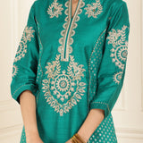 Teal Green Embroidered Chanderi Kurta Set with Gota Lace Detailing