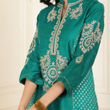 Teal Green Embroidered Chanderi Kurta Set with Gota Lace Detailing