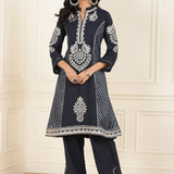 Navy Blue Embroidered Chanderi Kurta Set with Gota Lace Detailing