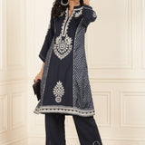 Navy Blue Embroidered Chanderi Kurta Set with Gota Lace Detailing