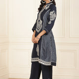 Navy Blue Embroidered Chanderi Kurta Set with Gota Lace Detailing