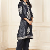 Navy Blue Embroidered Chanderi Kurta Set with Gota Lace Detailing