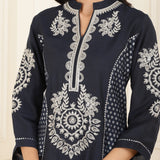 Navy Blue Embroidered Chanderi Kurta Set with Gota Lace Detailing