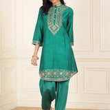 Teal Green Embroidered Party Wear Kurta Set with Mirror Work