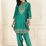 Teal Green Embroidered Party Wear Kurta Set with Mirror Work