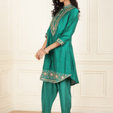 Teal Green Embroidered Party Wear Kurta Set with Mirror Work