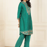 Teal Green Embroidered Party Wear Kurta Set with Mirror Work