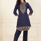 Navy Blue Embroidered Party Wear Kurta Set with Mirror Work