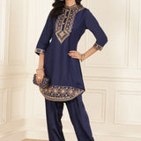 Navy Blue Embroidered Party Wear Kurta Set with Mirror Work