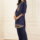 Navy Blue Embroidered Party Wear Kurta Set with Mirror Work