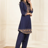 Navy Blue Embroidered Party Wear Kurta Set with Mirror Work