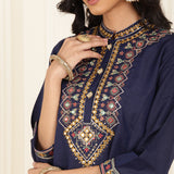 Navy Blue Embroidered Party Wear Kurta Set with Mirror Work