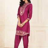 Fuchsia Embroidered Party Wear Kurta Set with Mirror Work