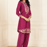 Fuchsia Embroidered Party Wear Kurta Set with Mirror Work