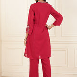 Red Kurta Set with Floral Embroidery and Zari Work