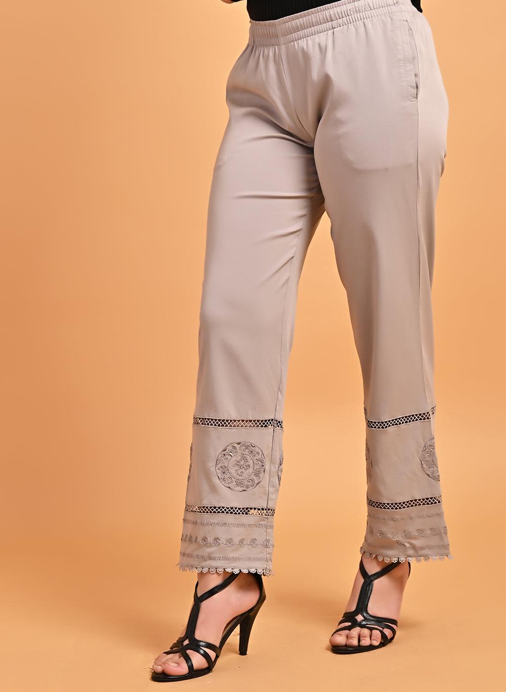 Grey Elastic Pant with Lace and Embroidery Detail - Lakshita