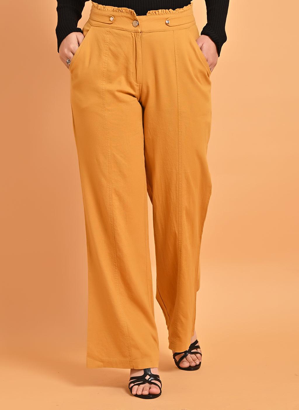 Mustard Flared Paneled Pant with Pleated Fabric Embellishment - Lakshita