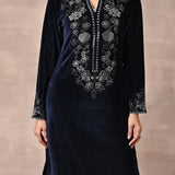 Navy Blue Velvet Kurta with Fine Mirror Beads Work