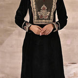 Charcoal Black Velvet Kurta Set With Heavy Front Yoke Zari Embroidery