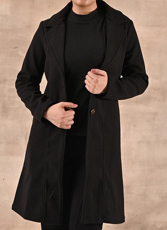 Black Long Trench Coat with Paneled Font and Button Detail - Lakshita