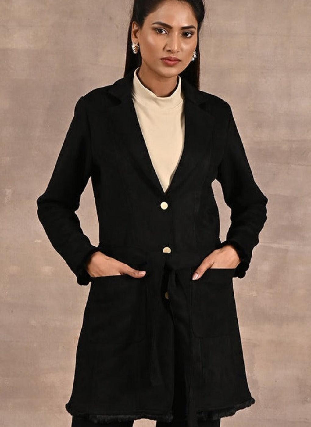 Black trench outlet coat with fur