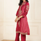 Red Embroidered Chanderi Kurta Set with Gota Lace Detailing