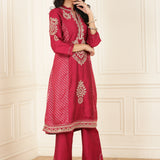 Red Embroidered Chanderi Kurta Set with Gota Lace Detailing