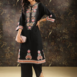 Black Embroidered Kurta Set with Mirror Work