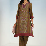 Mud Green Kurta Set with Round neck and Contrast Front Placket