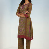 Mud Green Kurta Set with Round neck and Contrast Front Placket