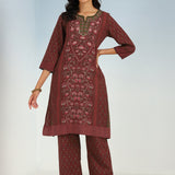 Fuchsia Kurta Set with Round neck and Contrast Front Placket