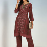 Fuchsia Kurta Set with Round neck and Contrast Front Placket