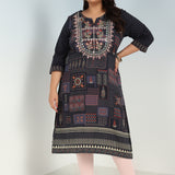 Grey Printed Embroidered Kurta with Embellished Front Yoke