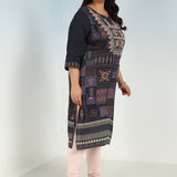 Grey Printed Embroidered Kurta with Embellished Front Yoke