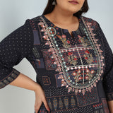 Grey Printed Embroidered Kurta with Embellished Front Yoke