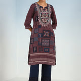 Maroon Printed Embroidered Kurta with Embellished Front Yoke