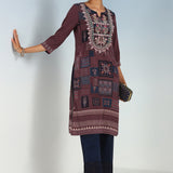 Maroon Printed Embroidered Kurta with Embellished Front Yoke